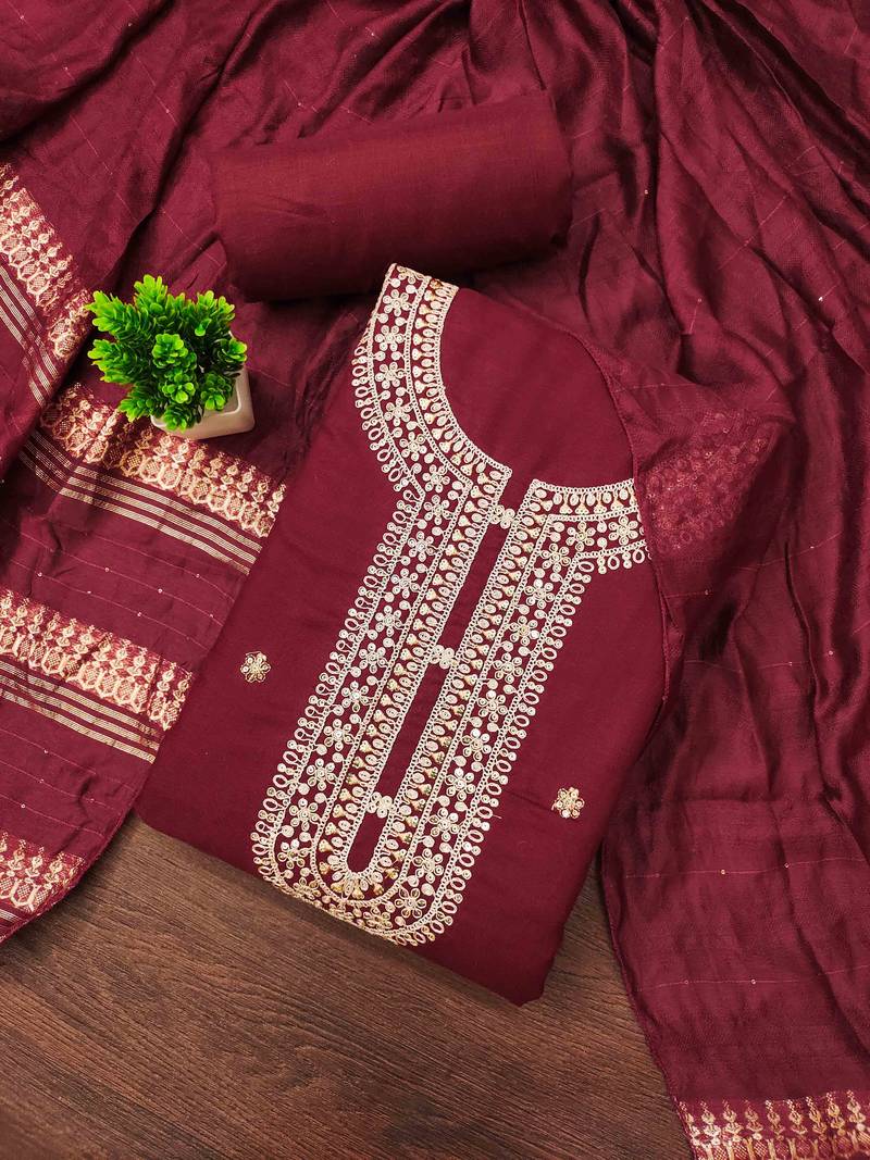 red chanderi embroidered unstitched dress materials 3 pair top bottom dupatta