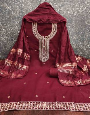 red chanderi embroidered unstitched dress materials 3 pair top bottom dupatta 2