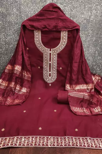 red chanderi embroidered unstitched dress materials 3 pair top bottom dupatta