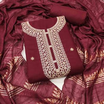 red chanderi embroidered unstitched dress materials 3 pair top bottom dupatta 3