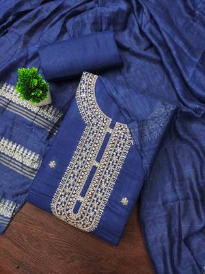 blue chanderi embroidered unstitched dress materials 3 pair top bottom dupatta 1