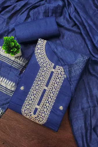 blue chanderi embroidered unstitched dress materials 3 pair top bottom dupatta