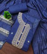 blue chanderi embroidered unstitched dress materials 3 pair top bottom dupatta