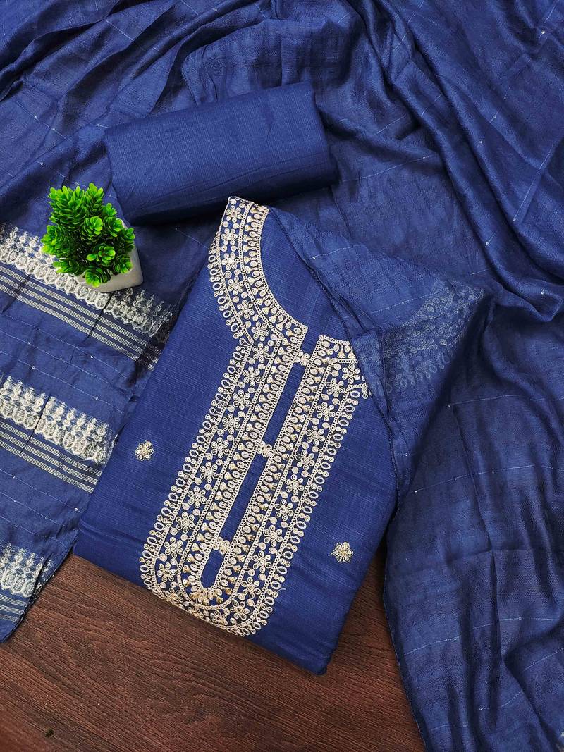 blue chanderi embroidered unstitched dress materials 3 pair top bottom dupatta