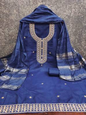 blue chanderi embroidered unstitched dress materials 3 pair top bottom dupatta 2