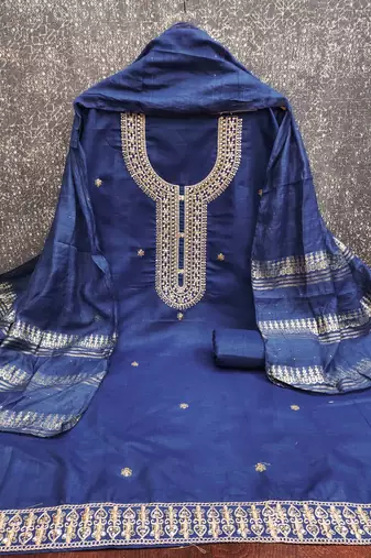 blue chanderi embroidered unstitched dress materials 3 pair top bottom dupatta