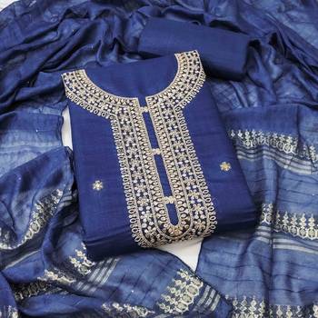 blue chanderi embroidered unstitched dress materials 3 pair top bottom dupatta 3