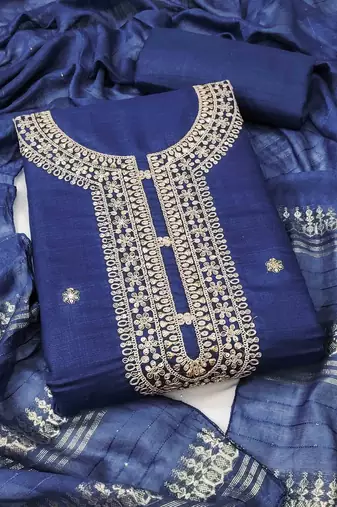 blue chanderi embroidered unstitched dress materials 3 pair top bottom dupatta