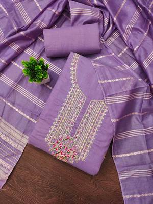 lavender cotton blend embroidered unstitched dressmaterials 3 pair top bottom dupptaa 1