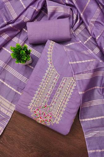 lavender cotton blend embroidered unstitched dressmaterials 3 pair top bottom dupptaa