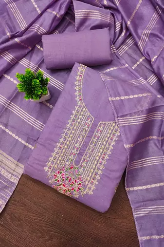 lavender cotton blend embroidered unstitched dressmaterials 3 pair top bottom dupptaa
