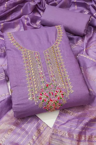 lavender cotton blend embroidered unstitched dressmaterials 3 pair top bottom dupptaa