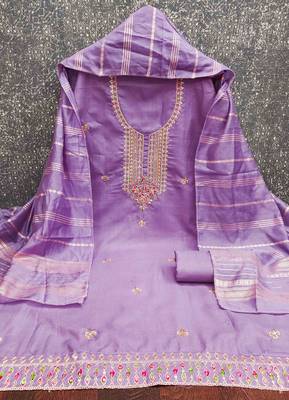 lavender cotton blend embroidered unstitched dressmaterials 3 pair top bottom dupptaa 3