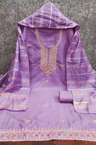 lavender cotton blend embroidered unstitched dressmaterials 3 pair top bottom dupptaa