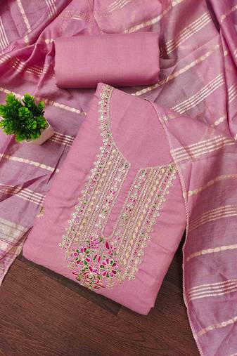 pink cotton blend embroidered unstitched dressmaterials 3 pair top bottom dupptaa