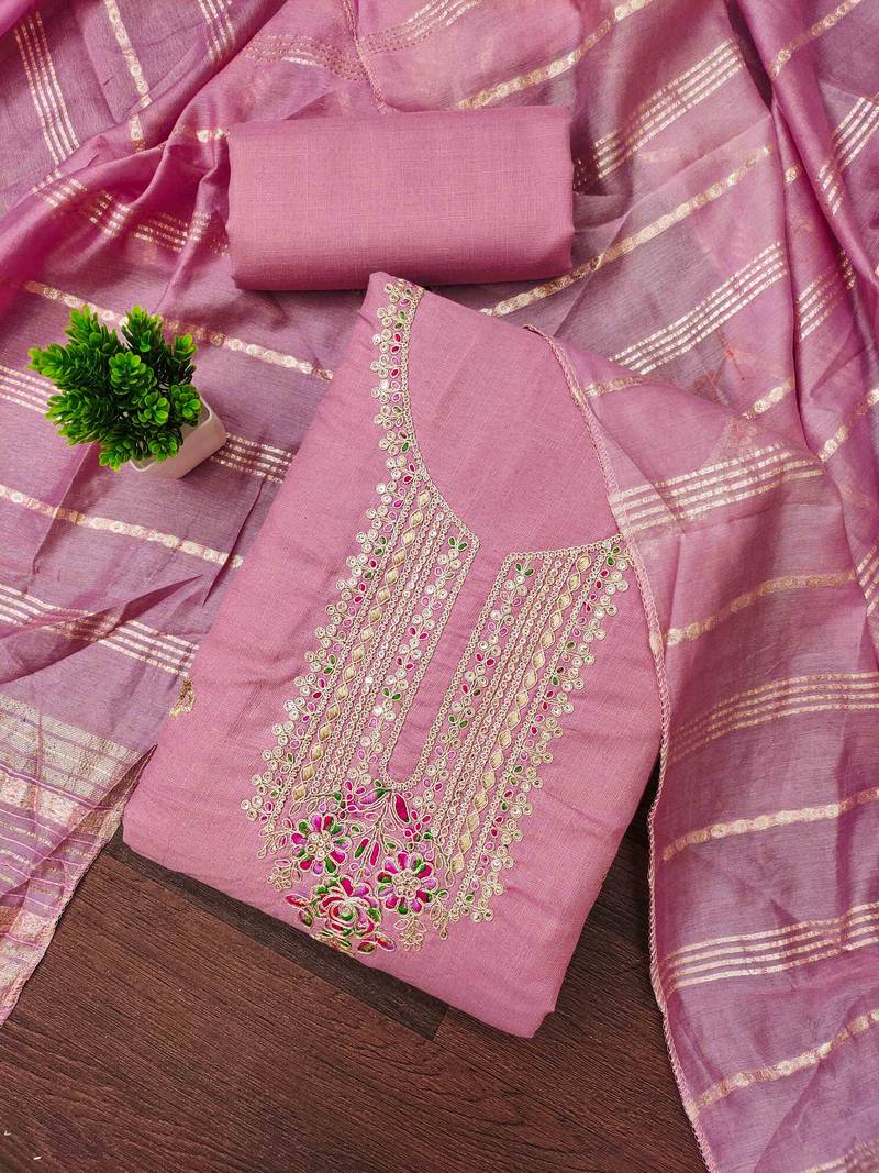 pink cotton blend embroidered unstitched dressmaterials 3 pair top bottom dupptaa