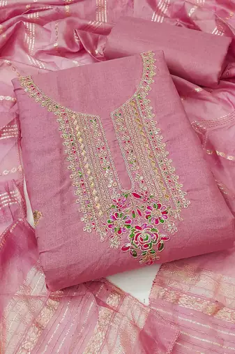 pink cotton blend embroidered unstitched dressmaterials 3 pair top bottom dupptaa