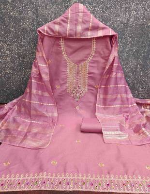 pink cotton blend embroidered unstitched dressmaterials 3 pair top bottom dupptaa 3