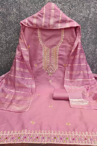 pink cotton blend embroidered unstitched dressmaterials 3 pair top bottom dupptaa