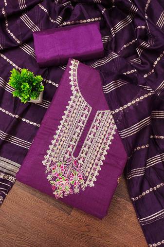 purple cotton blend embroidered unstitched dressmaterials 3 pair top bottom dupptaa