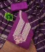 purple cotton blend embroidered unstitched dressmaterials 3 pair top bottom dupptaa