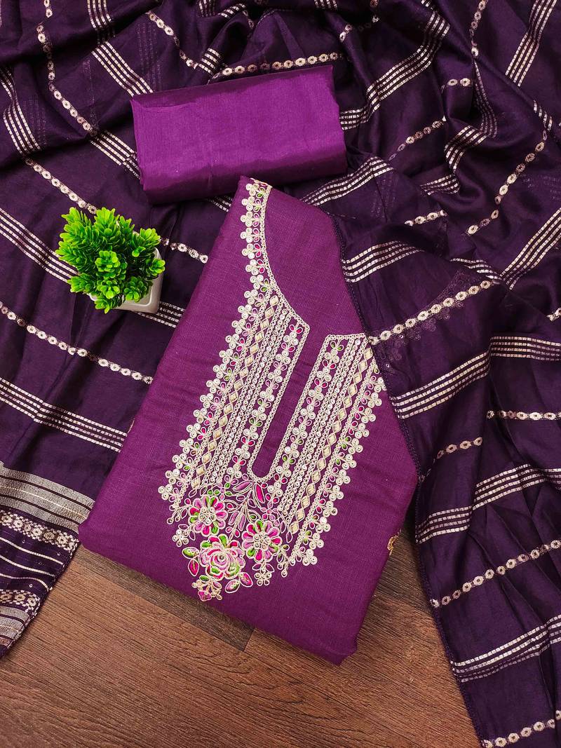 purple cotton blend embroidered unstitched dressmaterials 3 pair top bottom dupptaa