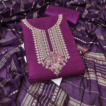 purple cotton blend embroidered unstitched dressmaterials 3 pair top bottom dupptaa 2