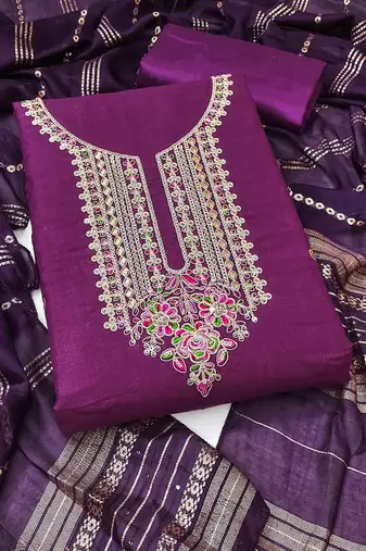 purple cotton blend embroidered unstitched dressmaterials 3 pair top bottom dupptaa