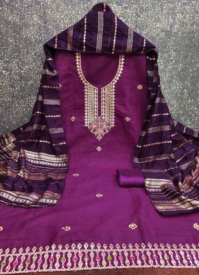 purple cotton blend embroidered unstitched dressmaterials 3 pair top bottom dupptaa 3
