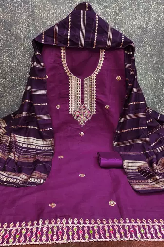 purple cotton blend embroidered unstitched dressmaterials 3 pair top bottom dupptaa