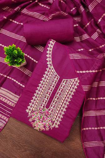 pink cotton blend embroidered unstitched dressmaterials 3 pair top bottom dupptaa