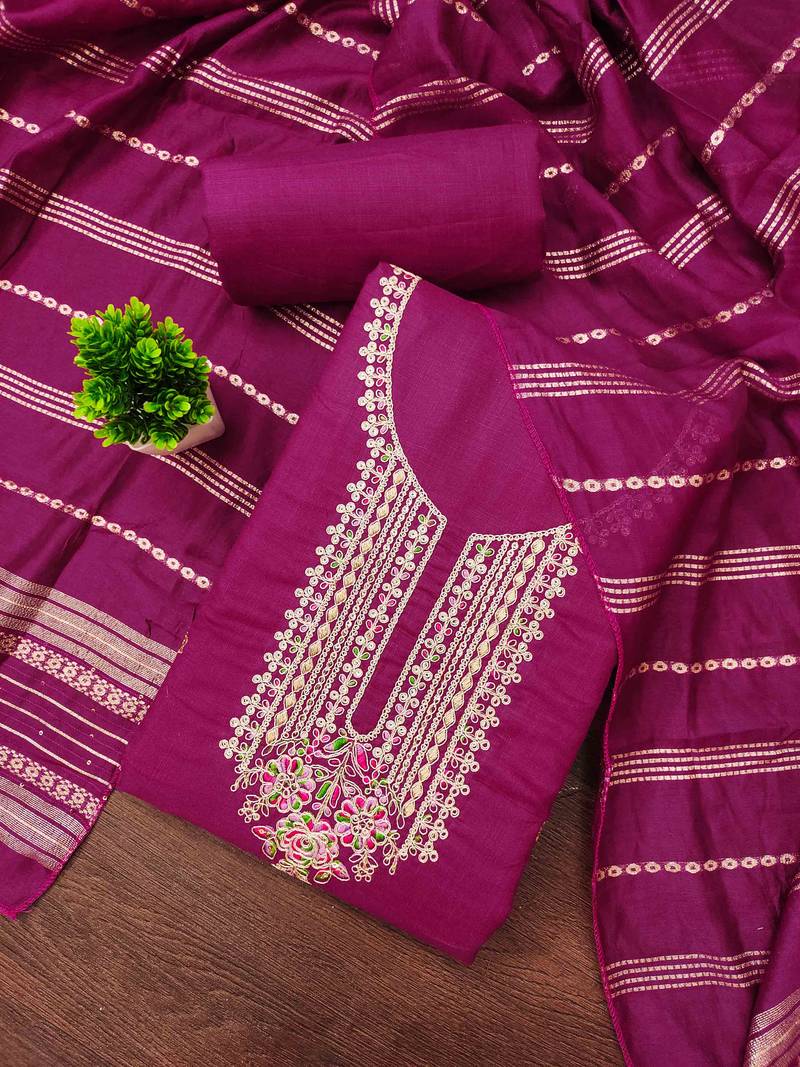 pink cotton blend embroidered unstitched dressmaterials 3 pair top bottom dupptaa