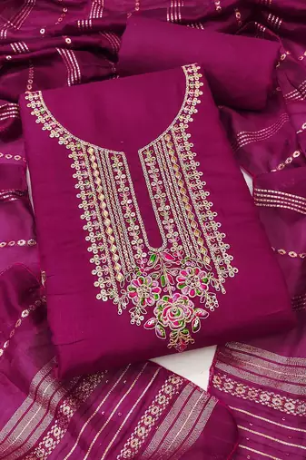pink cotton blend embroidered unstitched dressmaterials 3 pair top bottom dupptaa