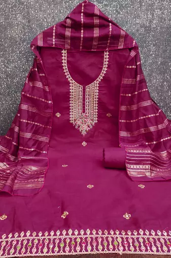pink cotton blend embroidered unstitched dressmaterials 3 pair top bottom dupptaa