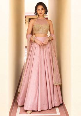Pink Soft Roman Silk Beautiful Plain Lehenga With Pocket & Embroidery Sequins Work Choli Readymade Lehenga Choli 1