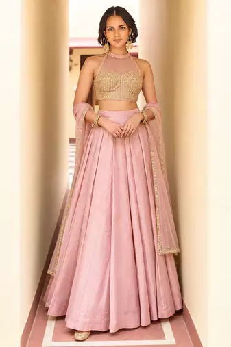Pink Soft Roman Silk Beautiful Plain Lehenga With Pocket & Embroidery Sequins Work Choli Readymade Lehenga Choli