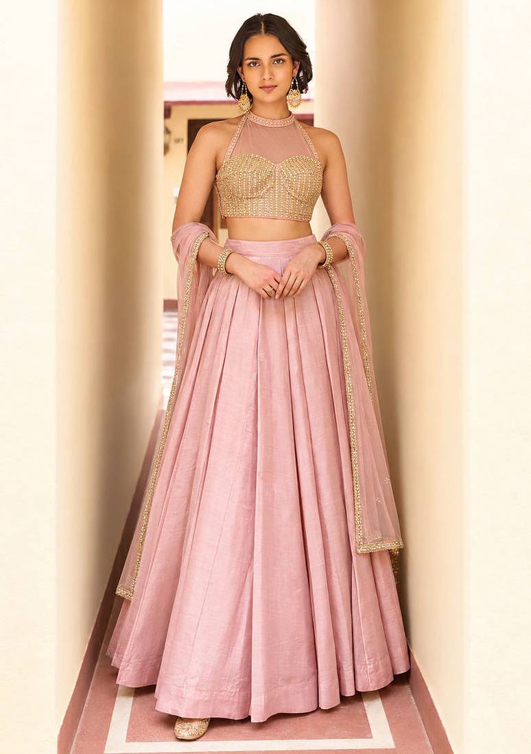 Pink Soft Roman Silk Beautiful Plain Lehenga With Pocket & Embroidery Sequins Work Choli Readymade Lehenga Choli