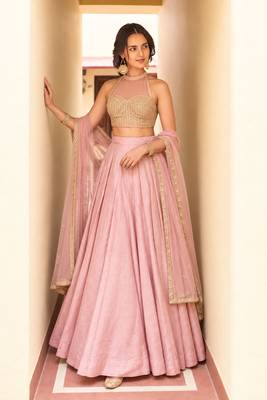 Pink Soft Roman Silk Beautiful Plain Lehenga With Pocket & Embroidery Sequins Work Choli Readymade Lehenga Choli 2