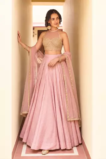 Pink Soft Roman Silk Beautiful Plain Lehenga With Pocket & Embroidery Sequins Work Choli Readymade Lehenga Choli