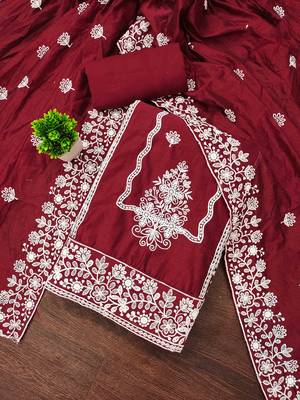 maroon cotton blend embroidered unstitched dressmaterials 3 pair top bottom dupptaa 1
