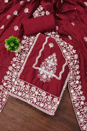 maroon cotton blend embroidered unstitched dressmaterials 3 pair top bottom dupptaa