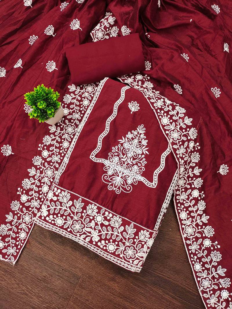 maroon cotton blend embroidered unstitched dressmaterials 3 pair top bottom dupptaa