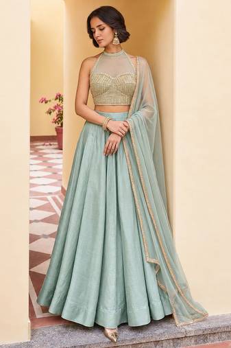 Powder Blue Soft Roman Silk Beautiful Plain Lehenga With Pocket & Embroidery Sequins Work Choli Readymade Lehenga Choli