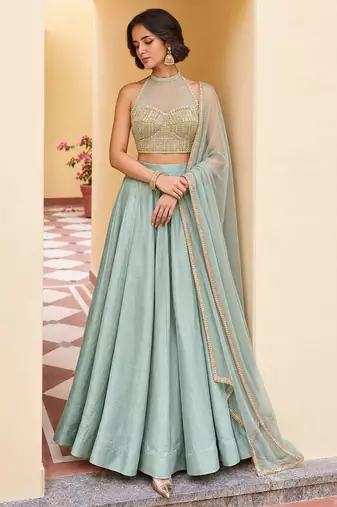 Powder Blue Soft Roman Silk Beautiful Plain Lehenga With Pocket & Embroidery Sequins Work Choli Readymade Lehenga Choli