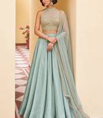 Powder Blue Soft Roman Silk Beautiful Plain Lehenga With Pocket & Embroidery Sequins Work Choli Readymade Lehenga Choli