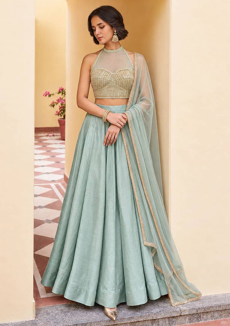 Powder Blue Soft Roman Silk Beautiful Plain Lehenga With Pocket & Embroidery Sequins Work Choli Readymade Lehenga Choli