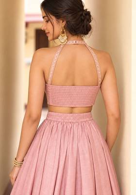 Pink Soft Roman Silk Beautiful Plain Lehenga With Pocket & Embroidery Sequins Work Choli Readymade Lehenga Choli 3