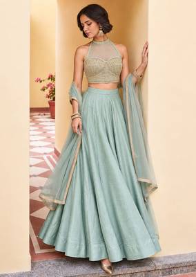 Powder Blue Soft Roman Silk Beautiful Plain Lehenga With Pocket & Embroidery Sequins Work Choli Readymade Lehenga Choli 2