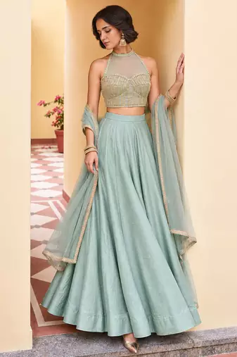 Powder Blue Soft Roman Silk Beautiful Plain Lehenga With Pocket & Embroidery Sequins Work Choli Readymade Lehenga Choli