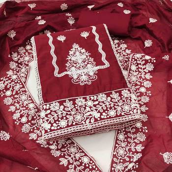 maroon cotton blend embroidered unstitched dressmaterials 3 pair top bottom dupptaa 2